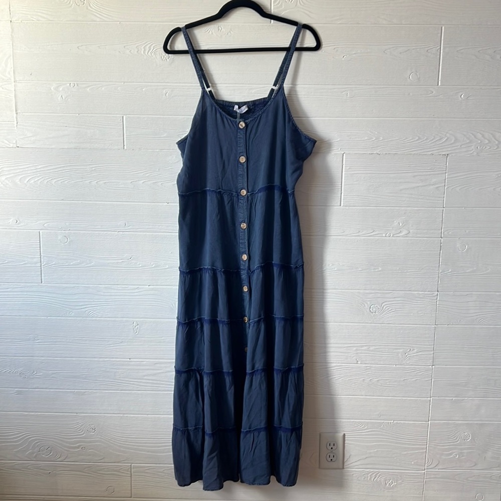 Keren Hart chambray peasant style midi length dress button down size large